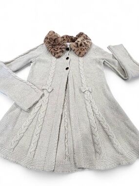Beige Kids Cable Knit Cardigan with Faux Fur Leopard Collar